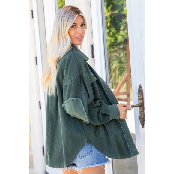 SOLD OUT Olive Green Corduroy Washed Shacket Oversized Relaxed Casual Jacket - Picture 4 of 4